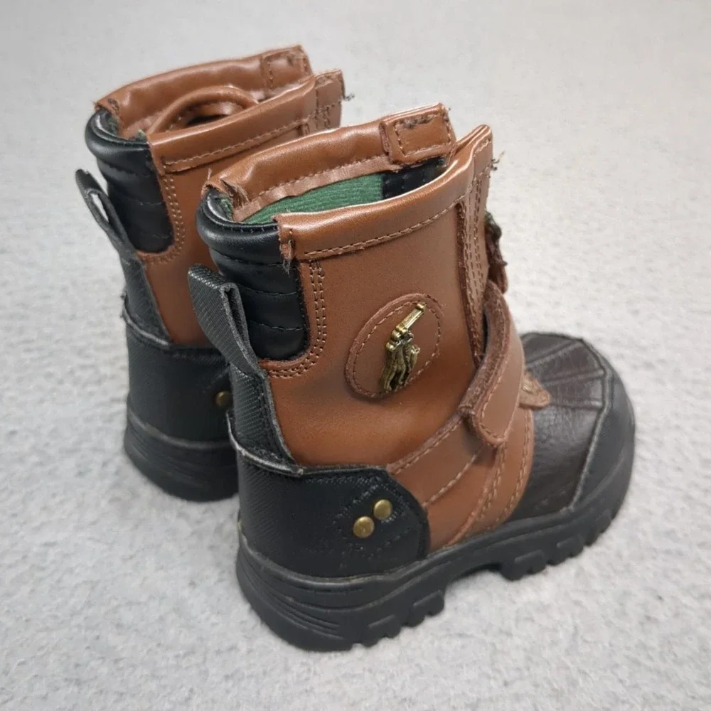 Polo Ralph Lauren Snow Boots Boys 5 Brown Duck Boot Zip Strap Winter Lined